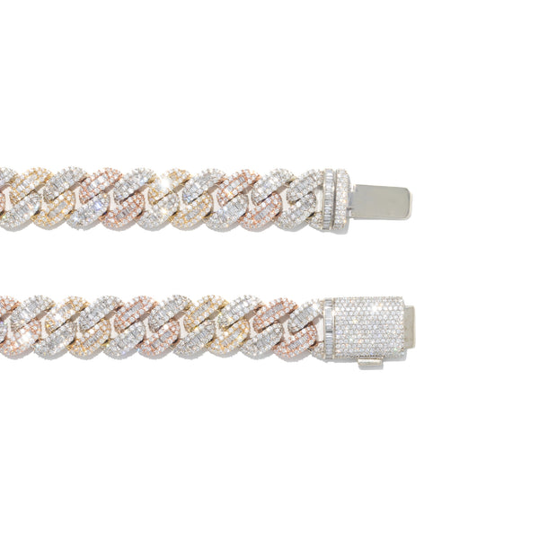Tri Color Cuban Link Chain With Baguettes & Diamonds