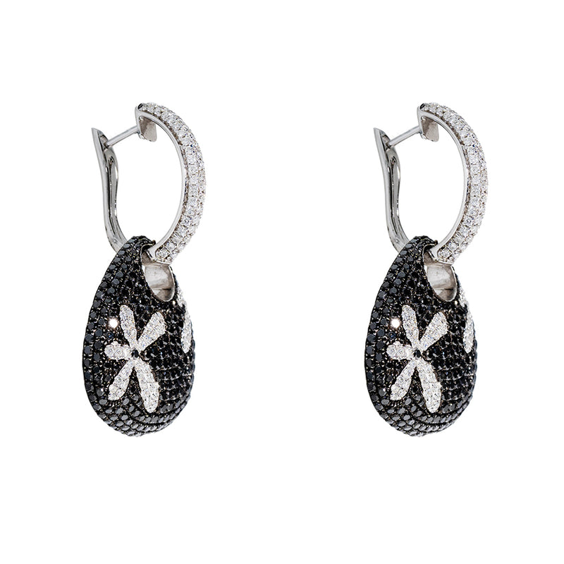Flower Earrings With Black And White Diamonds