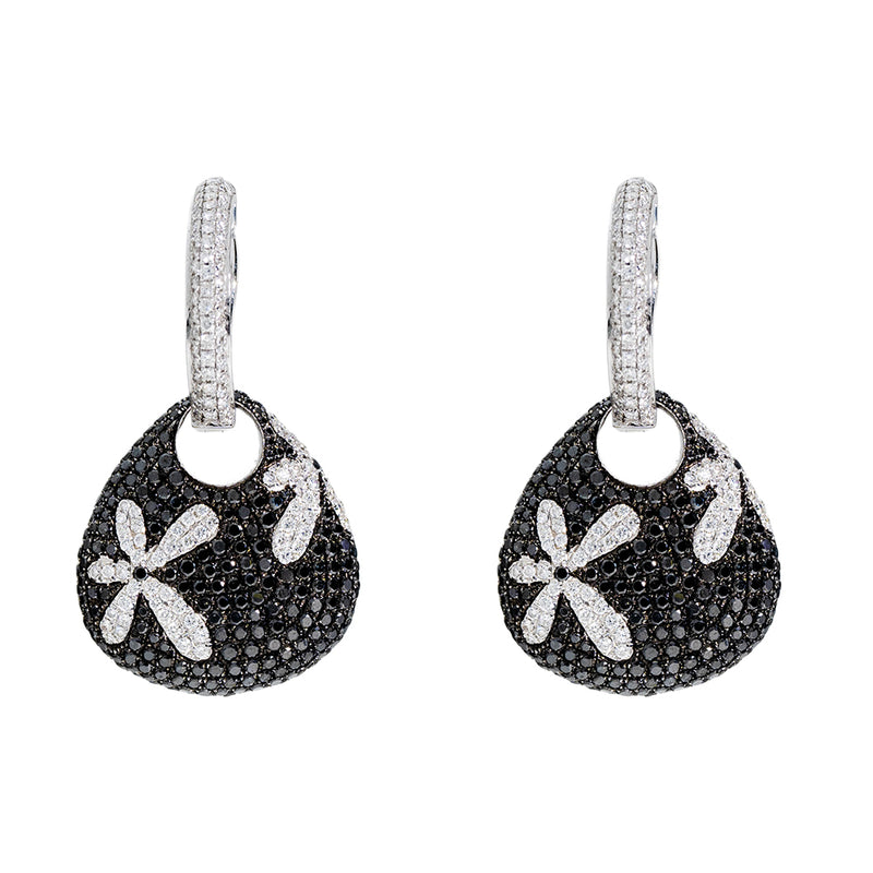 Flower Earrings With Black And White Diamonds